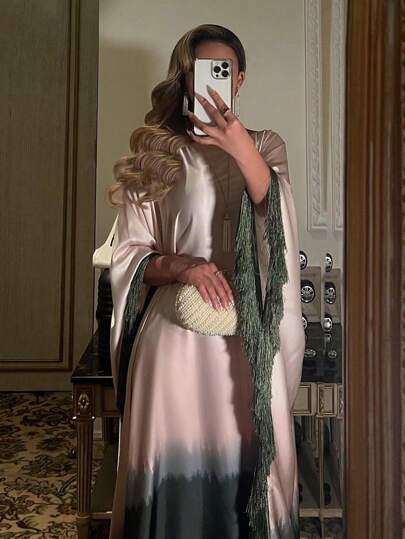 1 件优雅扎染流苏休闲涤纶印花时尚长袍前开襟长袍