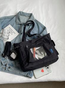 Diseño de bolsillo transparente, bolso de mano de gran capacidad con monedero, nueva mochila de estilo coreano con múltiples bolsillos, bolso cruzado casual multifuncional, bolso de lona mediano, bolso de tote con bolsillo de PVC transparente - Negro - Ver 7