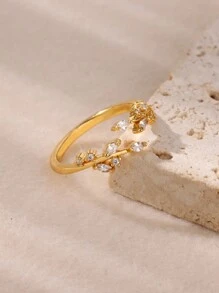 1 Stück exquisiter Zirkonia-Blatt-Ring für Frauen, verstellbarer Ring aus rostfreiem Stahl in Goldfarbe, Blätter-Design, Luxus-Modeschmuck Geschenk