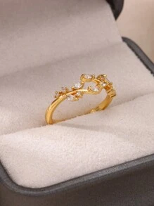 1 Stück exquisiter Zirkonia-Blatt-Ring für Frauen, verstellbarer Ring aus rostfreiem Stahl in Goldfarbe, Blätter-Design, Luxus-Modeschmuck Geschenk