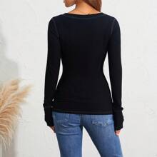 Long Sleeve Tops For Women Striped Button Up Tunic Shirts Loose Fit Sexy Henley Tee Blouses - 黑色 - 查看 10