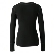 Long Sleeve Tops For Women Striped Button Up Tunic Shirts Loose Fit Sexy Henley Tee Blouses - 黑色 - 查看 2