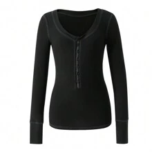 Long Sleeve Tops For Women Striped Button Up Tunic Shirts Loose Fit Sexy Henley Tee Blouses - 黑色 - 查看 3