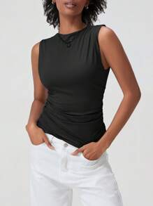 Women's Ruched Tank Tops Slim Solid Color Boat Neck Sleeveless Shirt For Party Club