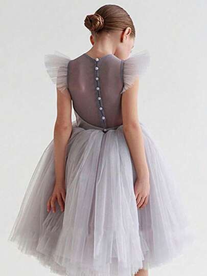 Young Girl Grey Tulle Handmade Beaded Elegant Princess Dress, Suitable For Girls' Birthday Party, Wedding, Flower Girl, Prom, Holiday Celebration