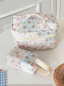 1 Pieza/Set Organizador de cosméticos multifuncional de gran capacidad con estampado floral y de cuadros, bolso de mano con cremallera para almacenar lápices labiales, brochas, productos de cuidado de la piel, artículos de viaje esenciales, bolsa de maquillaje, organizador de maquillaje, regalo para mujeres en vacaciones, invierno, San Valentín, vuelta al colegio