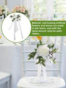 12/6PCS Wedding Aisle Chair Decorations Pew Flowers, Rose Floral Wedding Chair Back Flowers With Leaves And Ribbons,  Chair Bench Pew Flowers For Wedding Ceremony Decor - 白色 - 查看 2