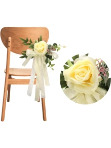 12/6PCS Wedding Aisle Chair Decorations Pew Flowers, Rose Floral Wedding Chair Back Flowers With Leaves And Ribbons,  Chair Bench Pew Flowers For Wedding Ceremony Decor - 黃色 - 查看 6