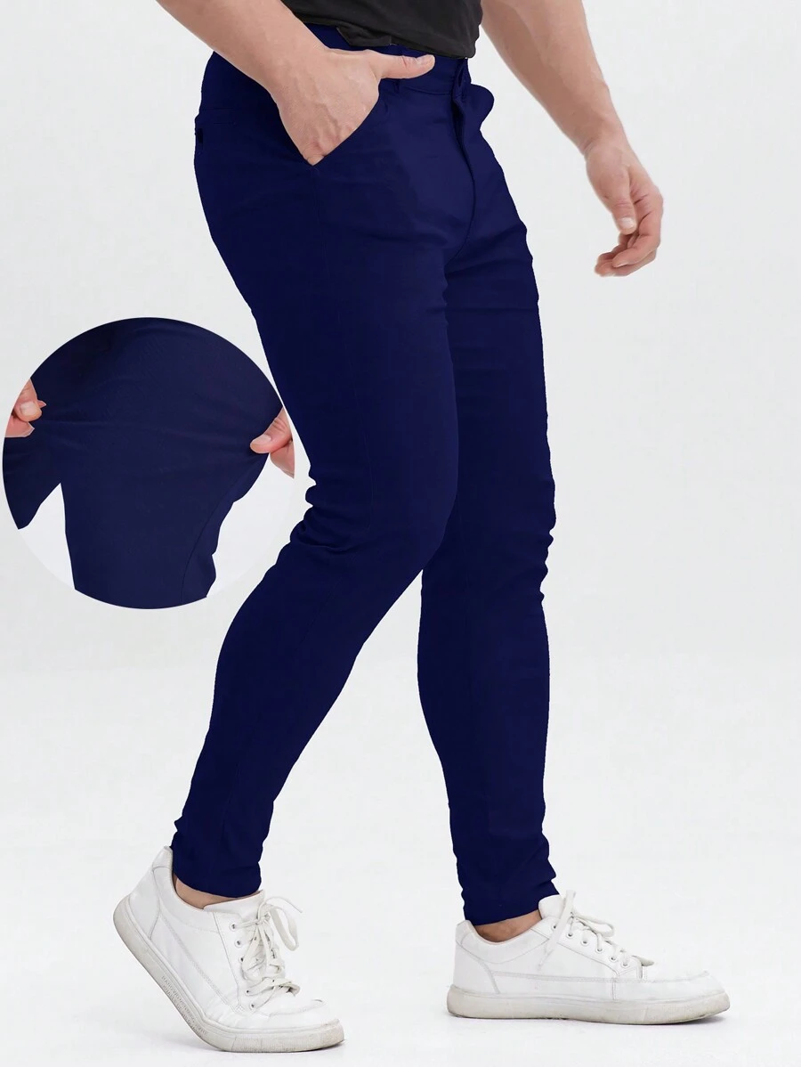 ALLELMS Pantalones de vestir ajustados para hombres, resistentes a las arrugas y con estiramiento de algodón twill - Azul Marino - Ver 1