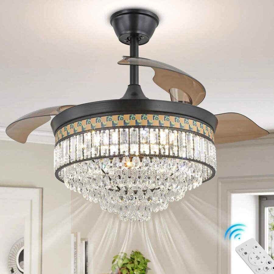 42'' Dimmable Fandalier Crystal Ceiling Fans LED Retractable Ceiling Fandeliers Chandelier With Light And Remote Ceiling Fan For Bedroom, APP & Memory Function, 6 Speeds - Black - View 1