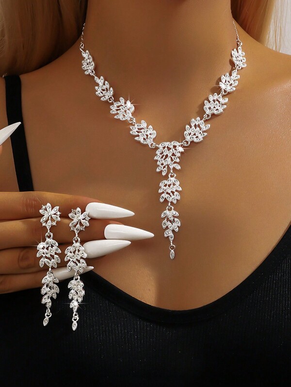 Set de joyas de novia de 3 piezas de aleación de zinc con rhinestones - 1 collar y 2 aretes con colgante de trigo exagerado, accesorio lujoso y elegante para aniversario