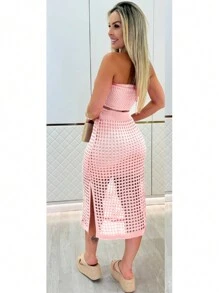 Evangelical Modal Knit Party Slit Strap Midi Dress - Baby Pink - View 3