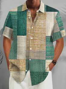 Vintage Geometric Pattern Button-Up Short Sleeve Shirt With Pockets, For Plus Size Men - Multicolor - View 2