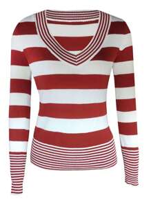 Women Y2k Fairy Grunge Knit Shirt Top Knitted Striped Long Sleeve Crew Neck Button T-Shirts Vintage Pullover Shirt Tees Tops Aesthetic Clothes Knitwear - 紅白色 - 查看 3