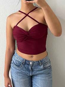 Knotted Crop Top With Padded Bra And Cross Straps - Burgundy - View 4