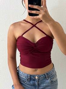 Knotted Crop Top With Padded Bra And Cross Straps - Burgundy - View 3