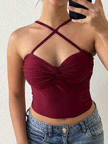 Knotted Crop Top With Padded Bra And Cross Straps - Burgundy - View 5
