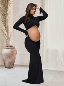 Robe de maternité longue fendue à manches longues et décolleté pour séance photo, col montant croisé, coupe sirène pour baby shower