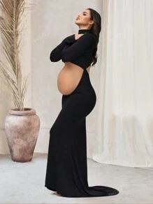 Robe de maternité longue fendue à manches longues et décolleté pour séance photo, col montant croisé, coupe sirène pour baby shower