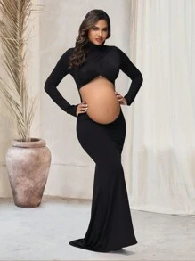 Robe de maternité longue fendue à manches longues et décolleté pour séance photo, col montant croisé, coupe sirène pour baby shower