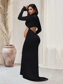 Robe de maternité longue fendue à manches longues et décolleté pour séance photo, col montant croisé, coupe sirène pour baby shower