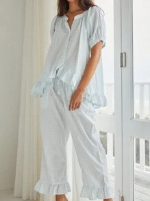 Women's 2 Piece Pajama Set Short Sleeve Button Up Plaid Tops Drawstring Pants Sleepwear Sets - Baby Blue - View 8