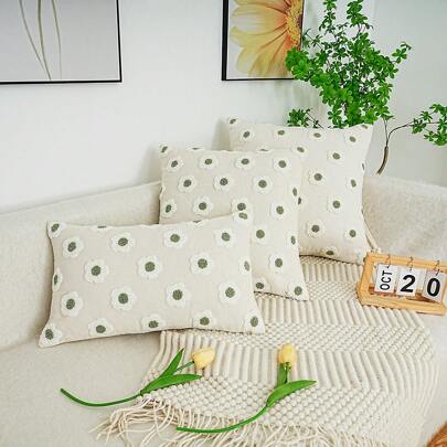 1pc Floral Embroidered Cushion Cover Without Filler, Green Soft Stretchy Throw Pillow Case For Household Gifts Birthday Graduation