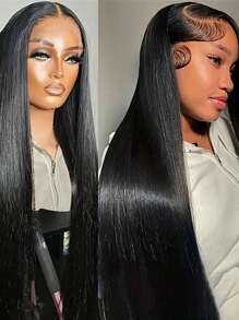 Eulisi 直发蕾丝前假发真人发 180 密度 13X4 蕾丝前假发真人发高清透明蕾丝假发女士预拔婴儿头发自然色万圣节服装 - 自然色&黑色系 - 查看 5