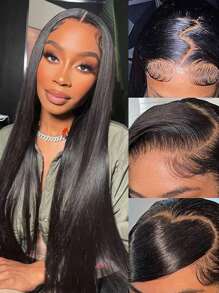 Eulisi 直发蕾丝前假发真人发 180 密度 13X4 蕾丝前假发真人发高清透明蕾丝假发女士预拔婴儿头发自然色万圣节服装 - 自然色&黑色系 - 查看 4