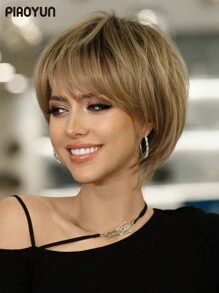 PIAOYUN 女士金棕色短发精灵短发假发 10 英寸短层次精灵假发带刘海耐热合成纤维假发适合日常使用 - 漸變金色 - 查看 1