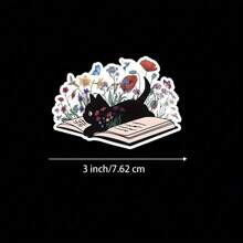 Schwarze Katze und Blumen 3 Zoll Vinyl Aufkleber, verspieltes buchiges Design, Geschenk für Buchliebhaber, süß und künstlerisch, perfekt für Laptops, Wasserflaschen, Handyhüllen, Notizbücher und mehr, wasserfest, leicht anzubringen