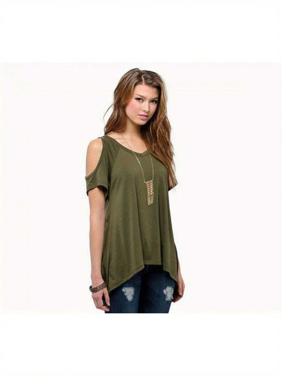 Women Summer Short Sleeve T-Shirt Hollow Out Off Shoulder V Neck Tops Solid Color Irregular Hem Loose Blouse - 軍綠色 - 查看 1