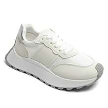 Chunky Beige Sneakers With Leopard Print Panel And Thick Sole - White - View 1