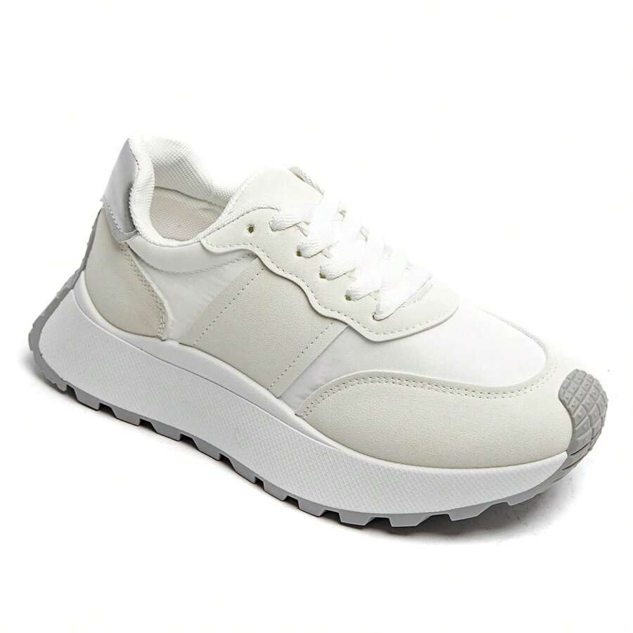 Chunky Beige Sneakers With Leopard Print Panel And Thick Sole - White - View 1