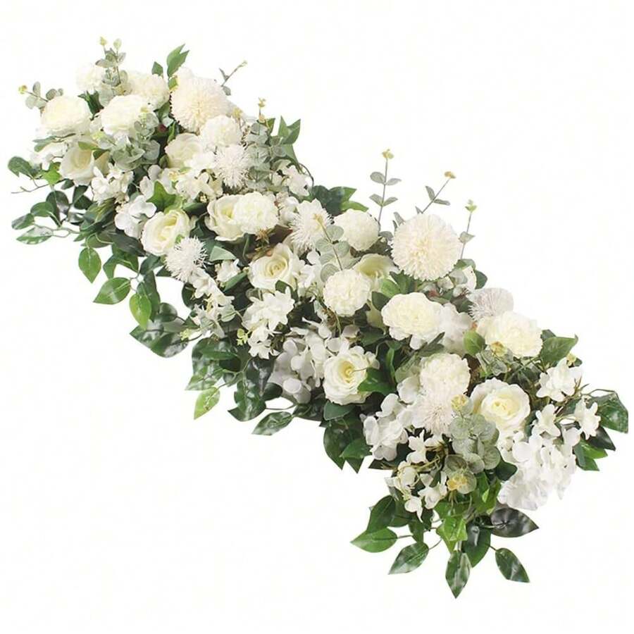 Living And Home White Rose Floral Row For Wedding Aisle Decor - Milky White & Green 100cm - View 1