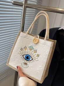 Evil Eye Pattern Storage Bag, Linen Tote Bag, Teacher's Day Gift Bag, Gift For Teachers, Portable Shopping Bag, Lightweight Foldable Storage Bag, Simple Shopping Bag, Nurse, Doctor, Teacher Gratitude Storage Bag, For Teachers, For Mother Gifts, Personal Travel Cosmetics, Shopping Bags, Large Capacity Storage
