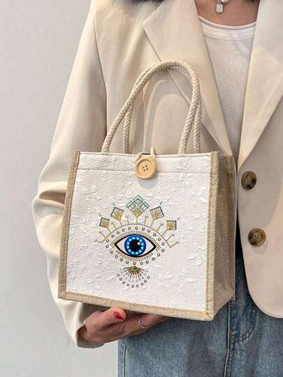 Evil Eye Pattern Tote Bag, Linen Handbag, Teacher's Day Gift Bag, Gift For Teachers, Portable Shopping Bag, Lightweight Foldable Storage Bag, Minimalist Shopping Bag, Appreciation Tote Bag For Nurses, Doctors, Teachers, Gift For Teachers, Gift For Mothers, Personal Travel Cosmetic Bag, Shopping Bag, Large Capacity Storage Bag, Best Teacher Gift