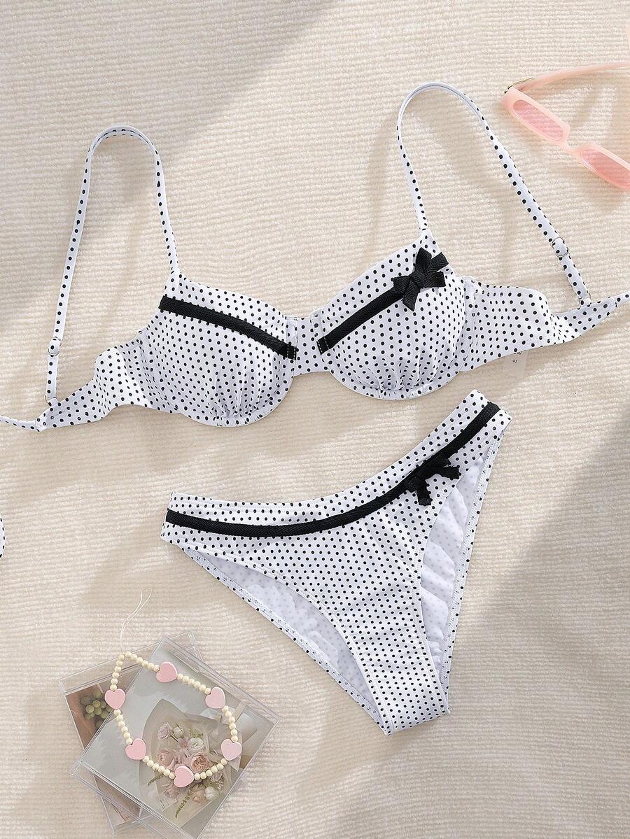 全新软杯钢圈波尔卡圆点可调节肩带交叉后背比基尼泳装女士夏季海滩 - 白色 - 查看 1