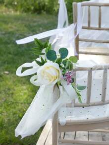 12/6PCS Wedding Aisle Chair Decorations Pew Flowers, Rose Floral Wedding Chair Back Flowers With Leaves And Ribbons,  Chair Bench Pew Flowers For Wedding Ceremony Decor - 黃色 - 查看 2