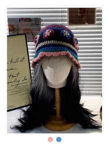 1 sztuka ręcznie robiony 3D kwiatowy malowany mały rondo kapelusz typu bucket, nowy damski krótki rondo jesień/zima mały kwiatowy kapelusz typu bucket, ciepła ochrona uszu dzianinowa czapka z dzianiny kwiatowej, słodki damski jesienny/zima kapelusz typu bucket