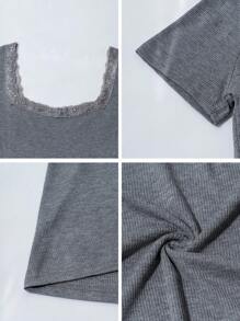 GAOVOT Women's Y2K Sexy Lace Patchwork Casual Square Neck Short Sleeve T-Shirt, Summer - 灰色 - 查看 11