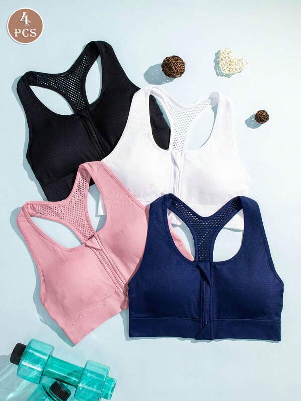 4pcs Seamless Caged Racerback Sports Bras, Front Zipper Elastic Short Style Women's Brassiere