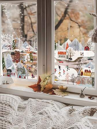 1 Roll Double Side Christmas Nordic Town Window Clings, Reusable Glass Window Stickers Easy Install Static Cling, Children's Room Window Decoration New Yearchristmas Decoration XMAS Decor Christmas Tree Gift Decor Thanksgiving Wedding Home Decor Home Decor Fall Decor Autumn Decor Birthday Decorations For Gifts Party Supplies Indoor Holiday Festival Decor Halloween Decor Wall Decor Halloween Ornaments