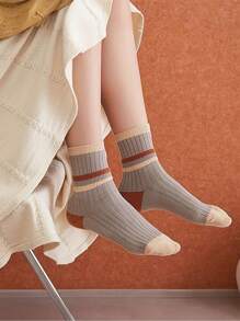 5 Pairs Solid Color Patchwork Minimalist Knee-High Socks, Casual Daily Wear