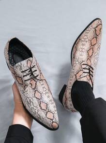 Men's Snake Embossed Leather Pointed Toe Lace-Up Dress Shoes, Brown Color, 6cm High Heel, Suitable For Saturday Banquets, Balls, Parties, Weddings, Groom Wedding Shoes - Brown - View 3
