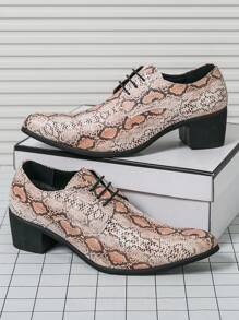 Men's Snake Embossed Leather Pointed Toe Lace-Up Dress Shoes, Brown Color, 6cm High Heel, Suitable For Saturday Banquets, Balls, Parties, Weddings, Groom Wedding Shoes - Brown - View 8