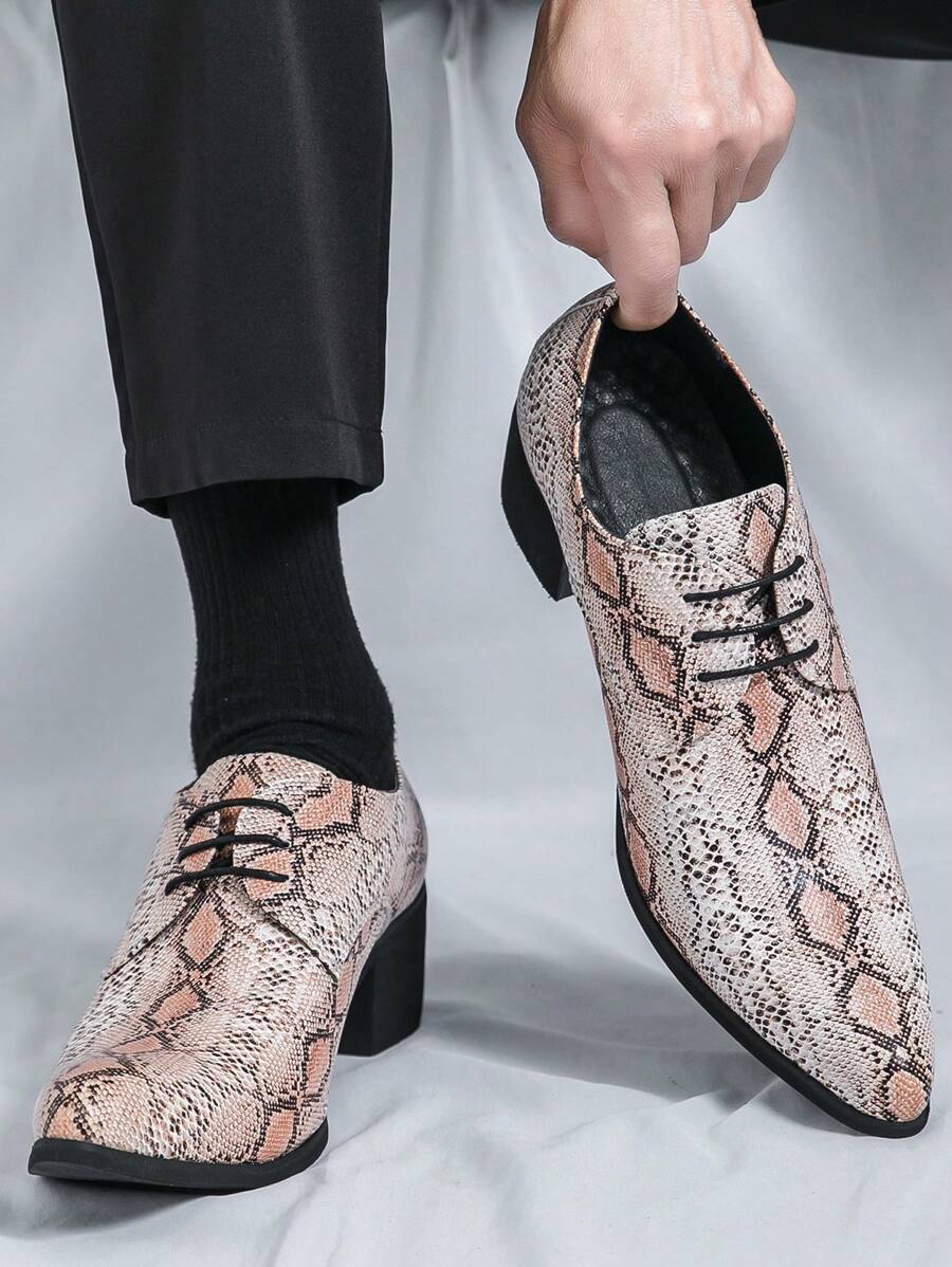 Men's Snake Embossed Leather Pointed Toe Lace-Up Dress Shoes, Brown Color, 6cm High Heel, Suitable For Saturday Banquets, Balls, Parties, Weddings, Groom Wedding Shoes - Brown - View 1