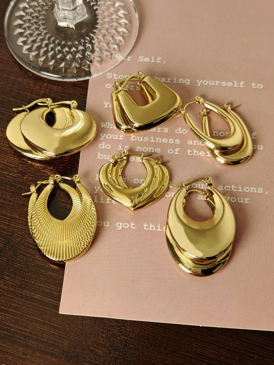 女士不锈钢环形耳环 防过敏耳环 适合轻质女孩 - 金黃色 - 查看 1