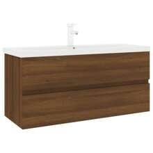 Brown Oak Engineered Wood Sink Cabinet With Integrated Basin For Bathroom Or Kitchen Storage - Brown - View 2