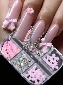 3D亚克力花朵蝴蝶结水钻美甲装饰，粉色水钻花朵美甲装饰，金色鱼子酱珠混合珍珠美甲设计美甲用品DIY美甲宝石 - 彩色 - 查看 2